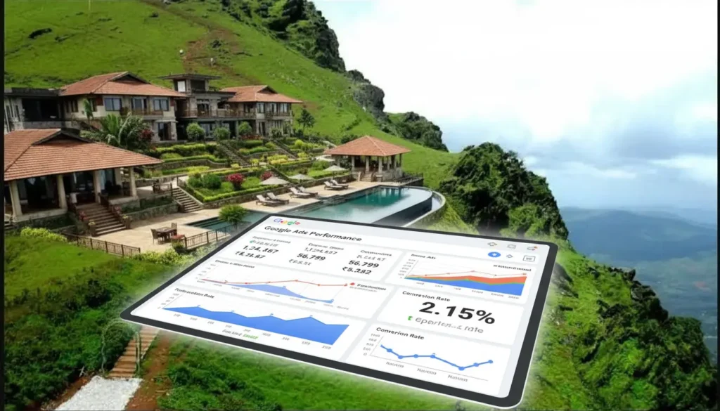 A scenic Chikkamagaluru resort surrounded by greenery with a digital marketing dashboard showing Google Ads performance.